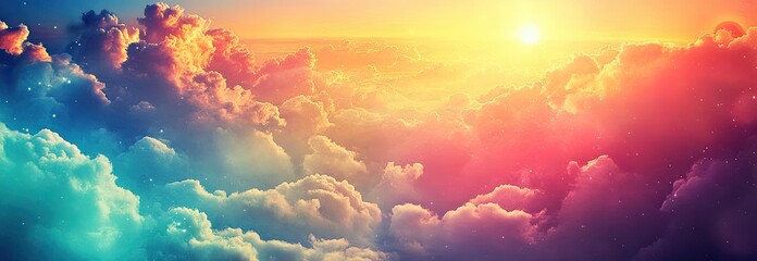 Fototapeta premium Colorful cloudscape at sunrise. Vibrant hues of sunrise paint the sky, layered with fluffy clouds in a variety of shades. A warm glow emanates from the sun, highlighting the cloud formations