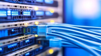 Close-up of network cables plugged into server rack, showcasing data center technology and connectivity infrastructure.  Blue cables and glowing lights highlight the high-speed network : Generative AI