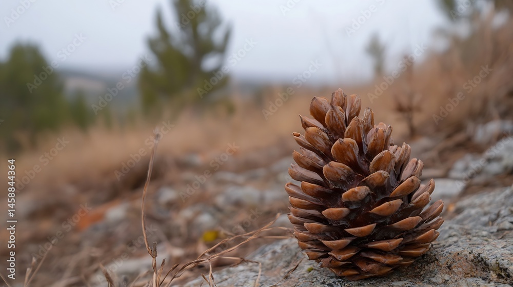 Poster Close-up view of a single, brown pine cone resting on a rocky surface, with a blurred background of autumnal trees and a hazy sky. : Generative AI