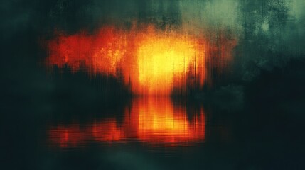 Fototapeta premium Fiery sunset reflected in a dark, misty lake