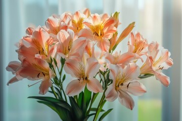 Naklejka premium Vibrant bouquet of pink flowers illuminated by soft natural light in a cozy indoor setting