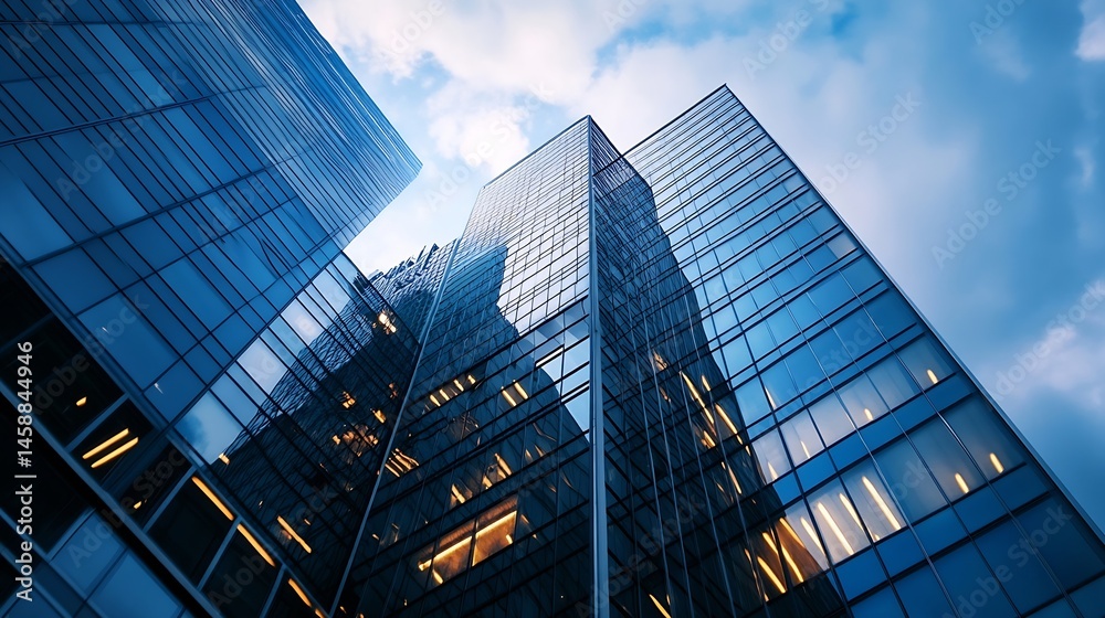 Leinwandbilder Modern glass skyscrapers reflecting the evening sky, showcasing architectural design and urban development.  The image captures a low-angle view emphasizing height and structure. : Generative AI