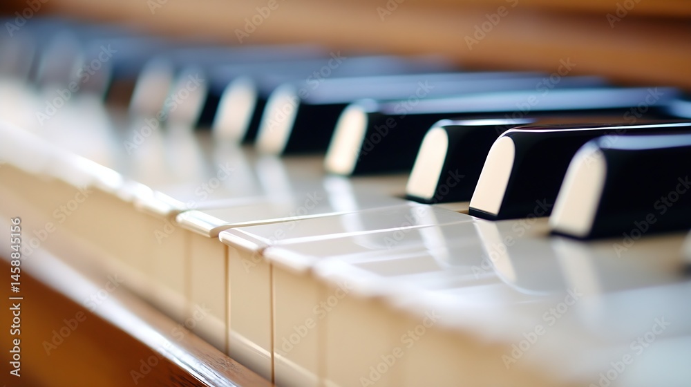 Poster close-up view of a piano keyboard, showcasing the ivory white keys and contrasting black keys, refle