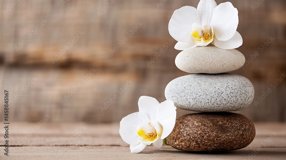 Poster serene spa scene featuring a balanced stack of three smooth stones, adorned with delicate white orch