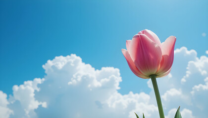 pink tulips on blue sky background