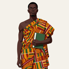 Obraz premium Confident African man in Kente cloth holding a book against minimal background 