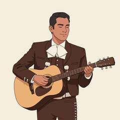 Obraz premium Mexican man playing guitar in charro suit, enjoying music 
