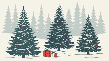 Fototapeta premium Vector Decorated Christmas trees with gifts create festive atmosphere in winter landscape