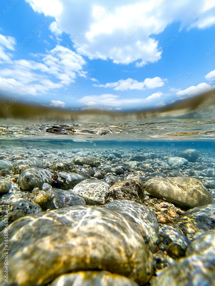Poster underwater view of a riverbed with smooth, sunlit stones and a bright blue sky with fluffy clouds ab