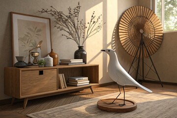 Serene minimalist living room featuring a white bird sculpture on wooden stand bathed in soft