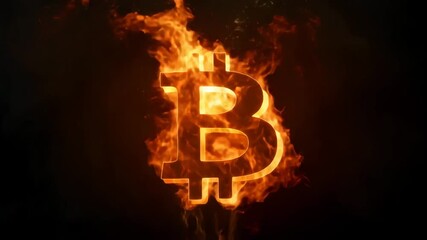 A bitcoin symbol engulfed in flames against a dark background with fiery textures around it - Powered by Adobe