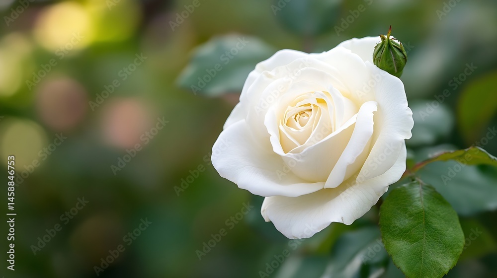 Poster close-up view of a single, elegant white rose in bloom, showcasing its delicate petals and soft crea