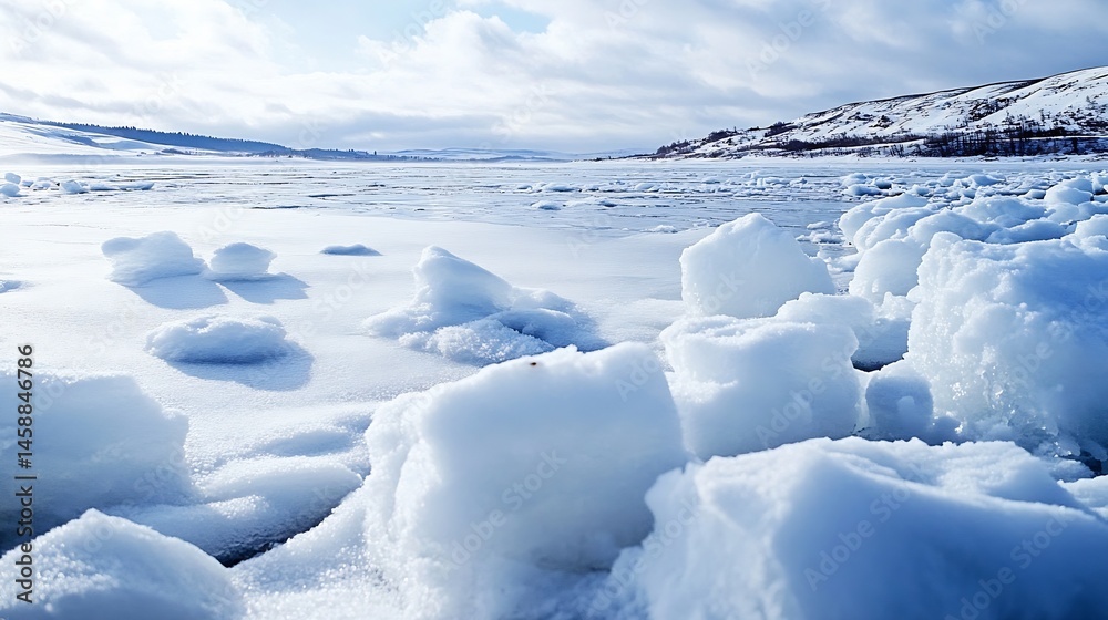 Aufkleber frozen lake landscape with snowdrifts and distant hills under a bright winter sky. the ice chunks ar