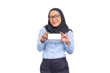 Portrait of smiling young Asian woman showing blank screen mobile phone isolated on transparent background