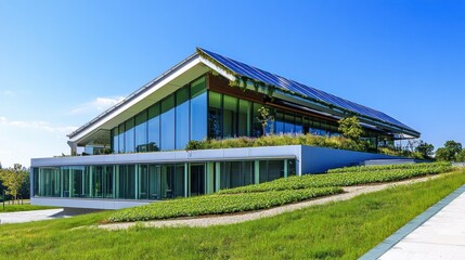 Obraz premium Modern, sustainable office building with solar panels on a sloped grassy landscape.