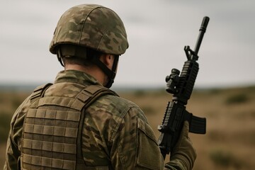 Fototapeta premium Soldier holding rifle outdoors.