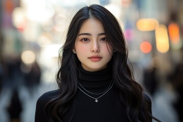 Obraz premium A young woman with long black hair poses outdoors, wearing a black turtleneck and necklace, against a blurred city backdrop.
