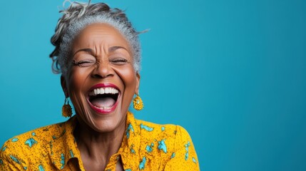 An elderly woman exudes joy and vitality as she laughs heartily, showcasing her vibrant outfit and the beauty of aging gracefully in this bright, lively portrait.