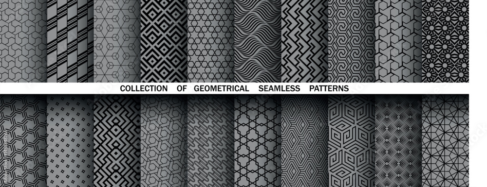 Poster Geometric set of seamless black and gray patterns. Simple vector graphics