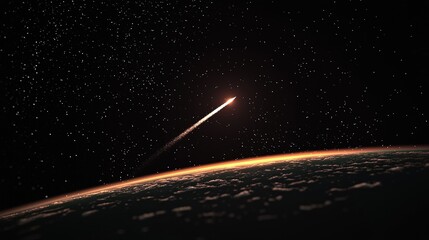 Celestial rocket launch above a planet.