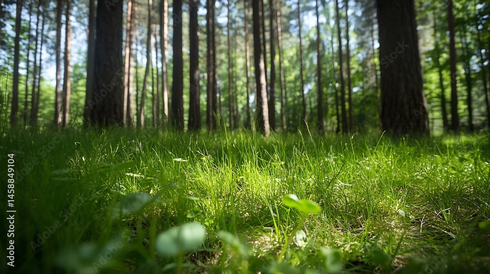 Leinwandbilder sunlight filters through a dense pine forest, illuminating vibrant green grass in the foreground. th