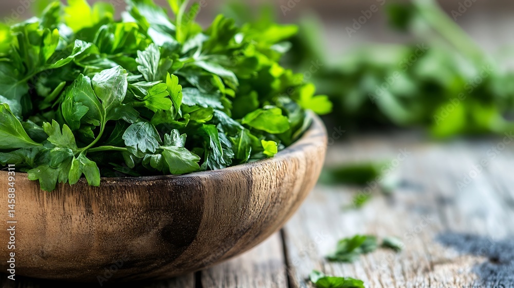 Poster fresh parsley leaves in a rustic wooden bowl, close-up view showing vibrant green color and detailed