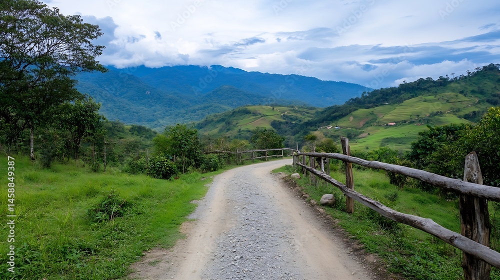 Poster serene mountain road winds through lush green hills, a rustic wooden fence lines the path, offering 