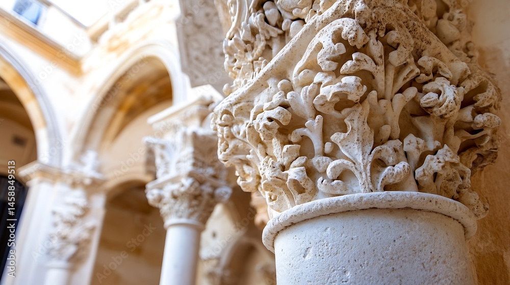 Aufkleber close-up of intricately carved stone capital atop a column, showcasing detailed floral and leaf moti