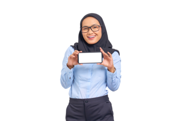 Portrait of smiling young Asian woman showing blank screen mobile phone isolated on transparent background