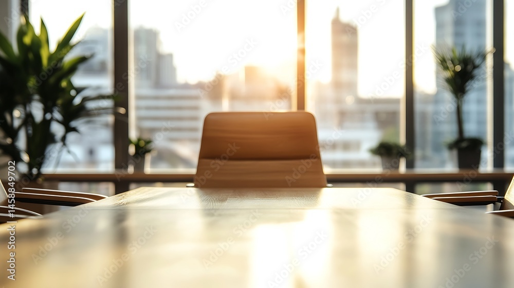 Poster Empty conference table in modern office with city view, sunlight streaming through large window, showcasing minimalist design and calm atmosphere. : Generative AI