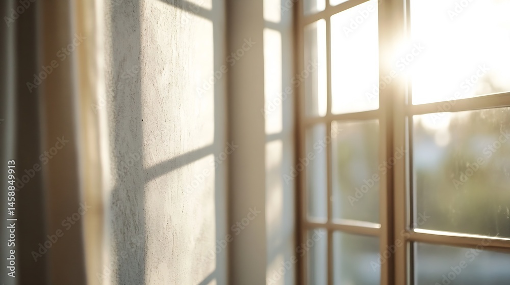 Aufkleber Sunlight streams through a window, casting soft shadows on a textured wall, creating a serene and peaceful atmosphere in a room. : Generative AI