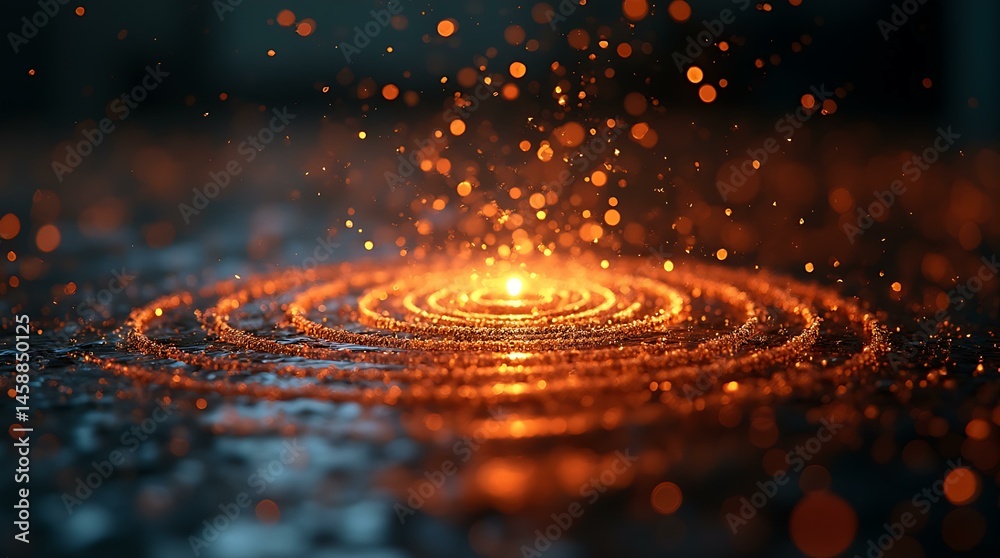 Poster orange spiral pattern abstract background with sparkling particles. energy and power source visualiz