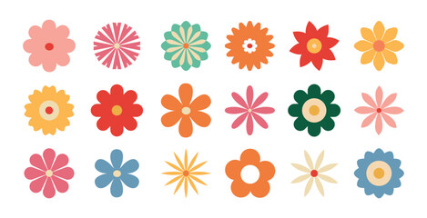 Bright spring and summer flowers. Geometric blossoms, petals, buds. Bloom. Icons, doodles, emblems. Groovy retro vibes. Vector illustration.