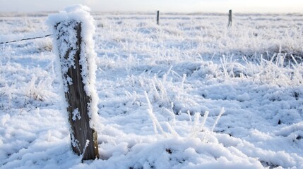 A snow-covered wooden fence post stands in a frosty field, the snow clinging to the wood and grass, creating a serene winter landscape. : Generative AI