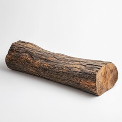 Fototapeta premium A log-shaped cushion, long and thin, with a natural wood texture, is placed on the ground against a white background.