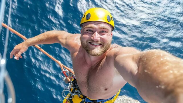Adventurous Climber Taking Selfie While Rock Climbing High Above Ocean