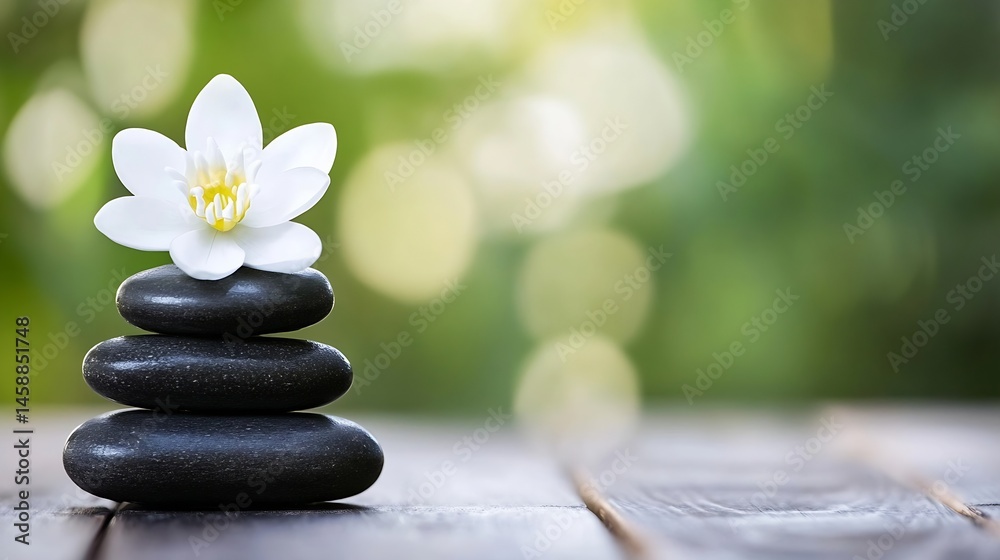 Poster serene spa scene: a white flower rests atop a balanced stack of three smooth, dark grey stones, set 