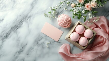 Elegant Mother's Day Gift Set with Pink Speckled Eggs, Rose, and Delicate Lace on a Marble Surface, Celebrating Love and Appreciation