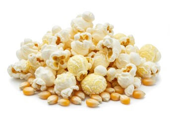Delicious Buttery Popcorn Kernels Snack Food White Background Pile Heap Salt Movie Treat Yummy Tasty