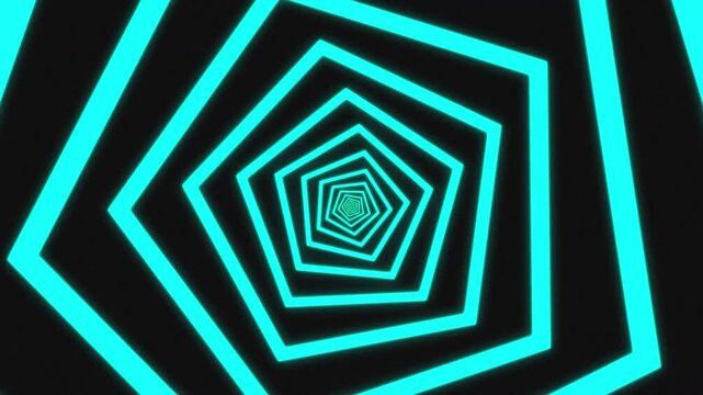 Blue neon light geometric passage corridor, pentagon tunnel motion graphic, rotating digital vortex, dreamy design