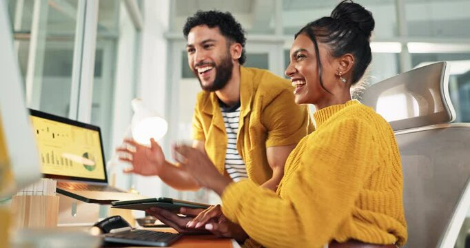 Happy people, tablet and laptop with high five for business success, statistics or winning at office. Excited man, woman or teamwork with technology for good news, review or analytics at workplace