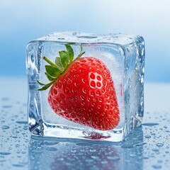 Strawberry frozen in ice cube