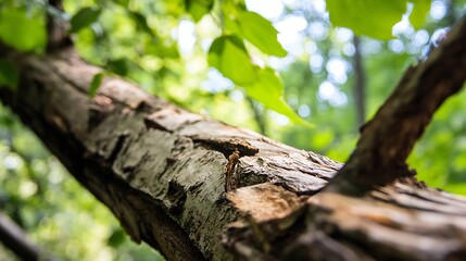 Obraz premium Close-up view of a weathered tree trunk, showing detailed texture and damage, set against a blurred background of vibrant green foliage and sunlight. : Generative AI