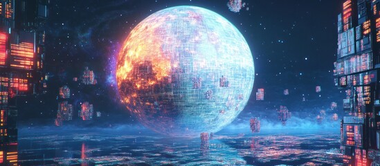 Obraz premium Futuristic alien planet with fiery moon and glowing city.