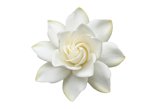 A pristine white gardenia unfurls its petals delicately tipped in gold against a void of absolute black