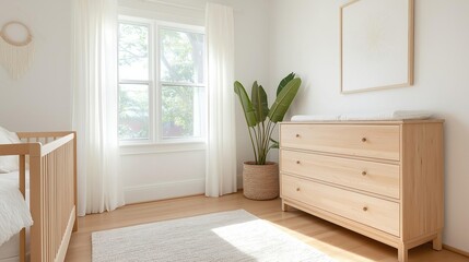 Modern nursery room with a wooden floor and white walls. on the left side of the image, there is a wooden crib with a white bedding and a white blanket.