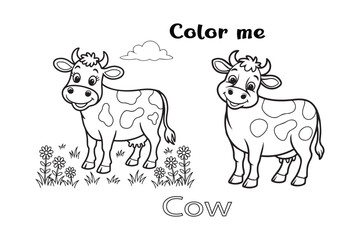 Cartoon Cow in Pastoral Scene &ndash; Line Drawing with Rolling Hills and Flowers

