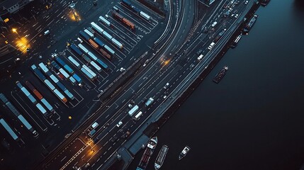 Elevated view of a port area at night.