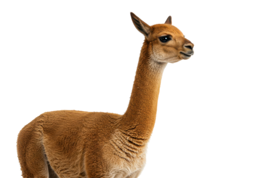 A tawny vicuña stands out against a black backdrop neck and head prominent