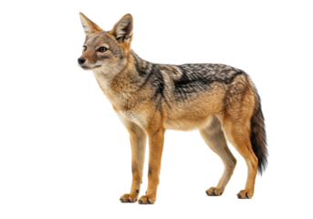 Alert jackal standing tall on black background